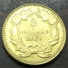 1863 US $3 gold dollar Gold copy Coin