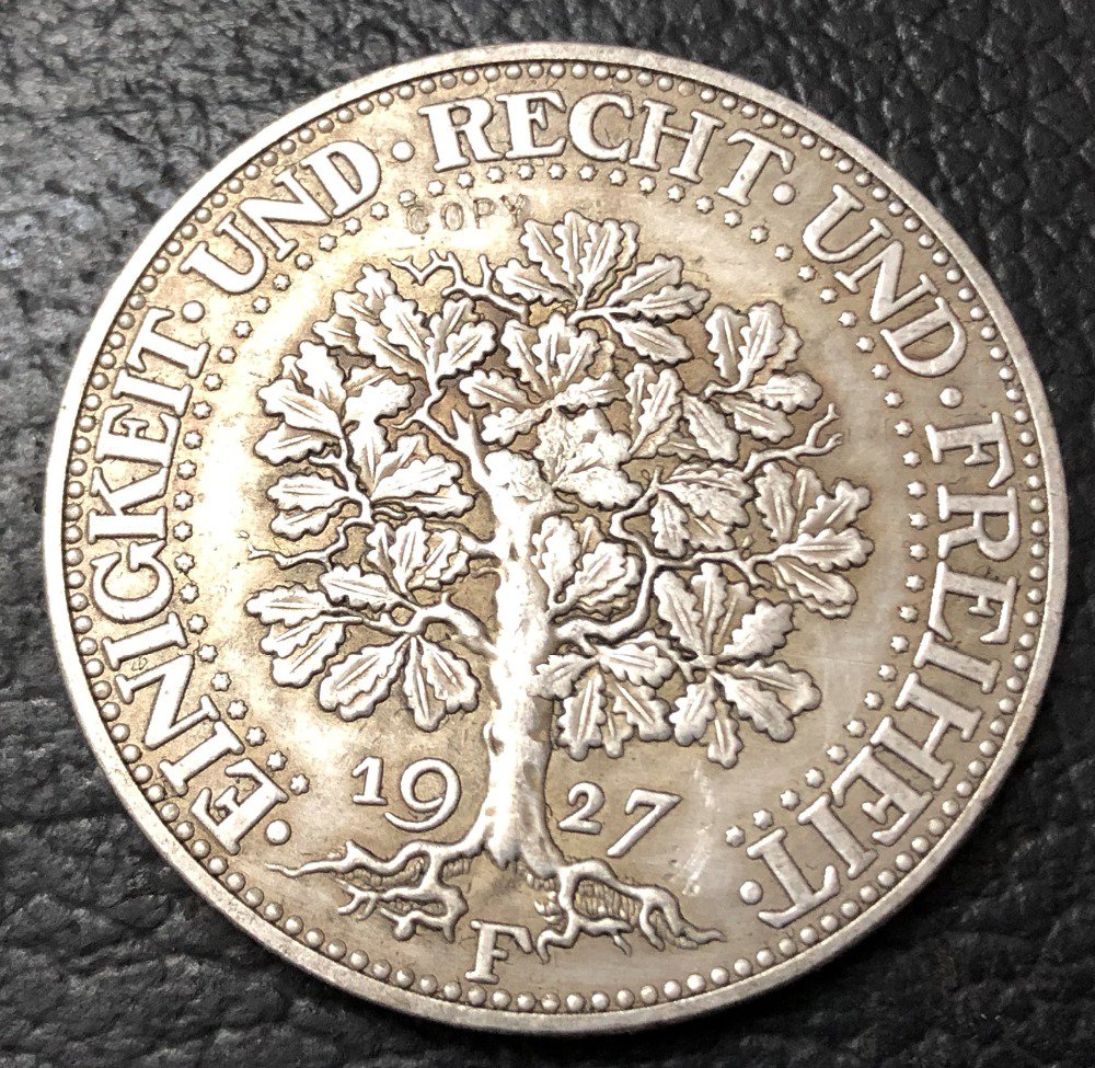 1927-F Germany-1871-1948 5 Reichsmark Silver Plated Copy Coin