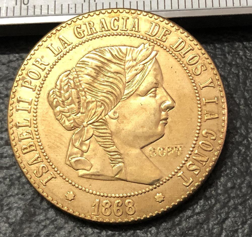 1868 Spain 5 Centimos de Escudo-Isabel II Bronze Copy Coin