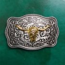 Flower Pattern With Golden Bull Head Western Cowboy Belt Buckle For Men