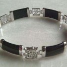 Fancy silver chain link gem black jade bracelet