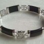 Fancy silver chain link gem black jade bracelet