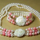 3 Rows 8MM Pearl Pink Coral Necklace Bracelet