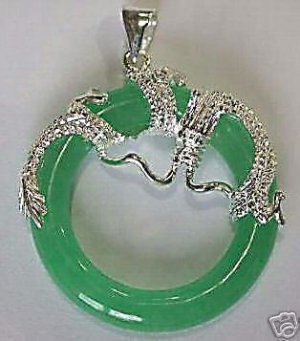 Beautiful Silver dragon Green Jade Pendant necklace