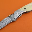100% Handmade Damascus Steel Camel Bone Handle Liner Lock Folding Knife FS549B-2
