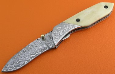 100% Handmade Damascus Steel Camel Bone Handle Liner Lock Folding Knife FS549B-2