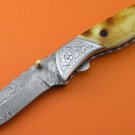 100% Handmade Damascus Steel Flamed Camel Bone Handle Liner Lock Folding Knife FS549BE-2