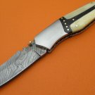 100% Handmade Large Damascus Steel Camel Bone Buffalo Horn Handle Liner Lock Folding Knife FS469B-2