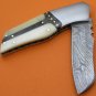 100% Handmade Large Damascus Steel Camel Bone Buffalo Horn Handle Liner Lock Folding Knife FS469B-2