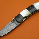 100% Handmade Damascus Steel Mother Of Pearl Buffalo Horn Handle Liner Lock Folding Knife FS6AP-15
