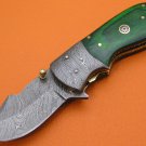 100% Handmade Damascus Steel Green Pakkawood Handle Liner Lock Folding Knife FS10T-2
