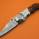 100% Handmade Damascus Steel Burl Wood Handle Liner Lock Folding Knife FS479E-2
