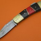 Limited Edition Large Damascus Steel Buffalo Horn Red Mold Handle Back Lock Folding Knife LE850AX-2