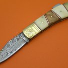 Limited Edition Large Damascus Steel Camel Bone Olive Wood Handle Back Lock Folding Knife LE850BD-2