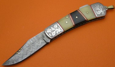 Limited Edition Large Damascus Steel Buffalo Horn Camel Bone Back Lock Folding Knife LE851BA-2