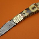 Limited Edition Large Damascus Steel Flamed Camel Bone Handle Lock Back Folding Knife LE852BE-2