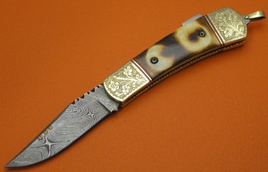 Limited Edition Large Damascus Steel Flamed Camel Bone Handle Lock Back Folding Knife LE852BE-2