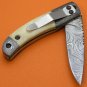 100% Handmade Damascus Steel Camel Bone Handle Belt Clip Liner Lock Folding Knife FS482B-2