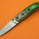 100% Handmade Damascus Steel Green Pakkawood Handle Belt Clip Liner Lock Folding Knife FS482GPW-2