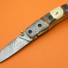 100% Handmade Damascus Steel Flamed Camel Bone Handle Belt Clip Liner Lock Folding Knife FS482BE-2