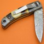 100% Handmade Damascus Steel Flamed Camel Bone Handle Belt Clip Liner Lock Folding Knife FS482BE-2