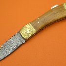 100% Handmade Damascus Steel Olive Wood Handle Back Lock Folding Knife FS482D-2