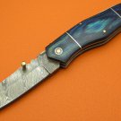 100% Handmade Damascus Steel Blue Pakkawood Handle Back Lock Folding Knife FS471BPW-2