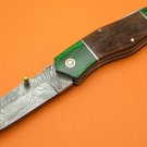 100% Handmade Damascus Steel Burl Wood Green Pakkawood Handle Back Lock Folding Knife FS471EC-1