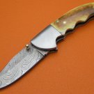 100% Handmade Damascus Flamed Camel Bone Handle Liner Lock Folding Knife FS489BE-2