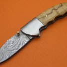 100% Handmade Damascus Olive Wood Handle Liner Lock Folding Knife FS489D-2