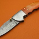100% Handmade Damascus Orange Color Dyed Camel Bone Handle Liner Lock Folding Knife FS489M-2
