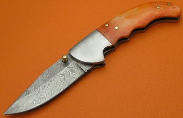 100% Handmade Damascus Orange Color Dyed Camel Bone Handle Liner Lock Folding Knife FS489M-2