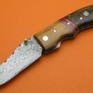 100% Handmade Large Damascus Steel Rosewood Olive Wood Liner Lock Folding Knife FS494CD-2