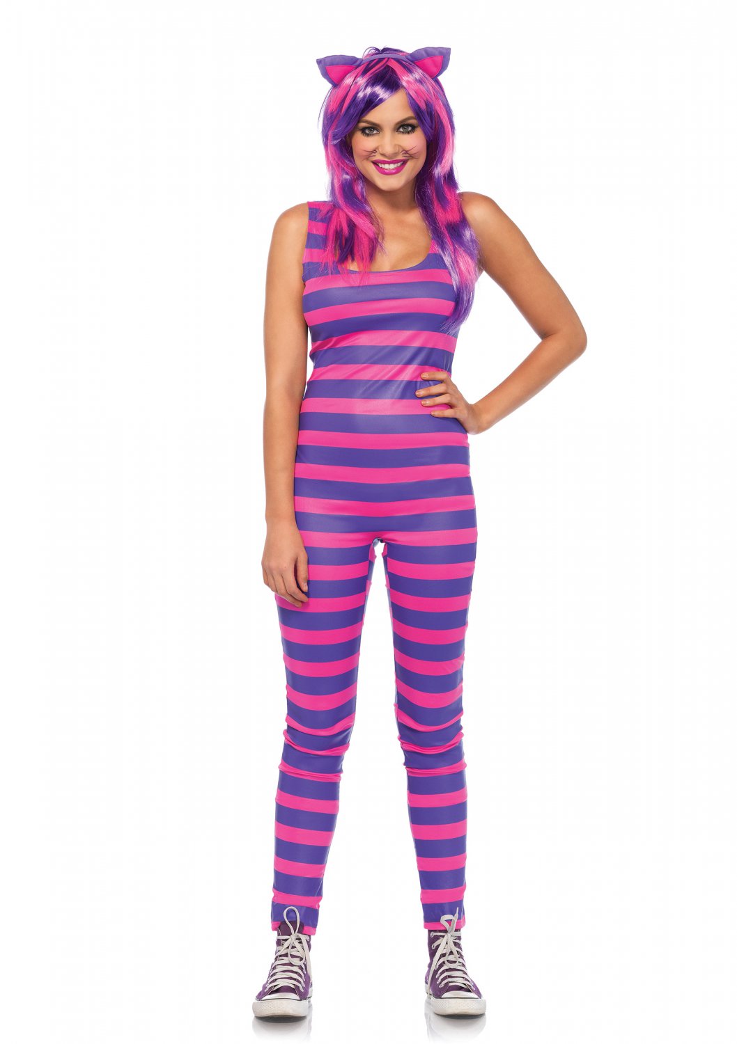 2 pc darling cheshire costume includes striped catsuit with oversized furry...