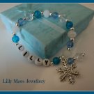 Girls personalised name frozen inspired bracelet blue white snowflake charm gift