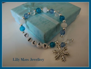 Girls personalised name frozen inspired bracelet blue white snowflake charm gift