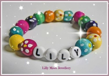 Personalised Named Wooden Flower Bead Bracelet Birthday Gift Present Charm