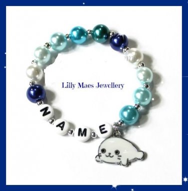 Personalised named name seal charm girls blue bracelet kids adults gift charm