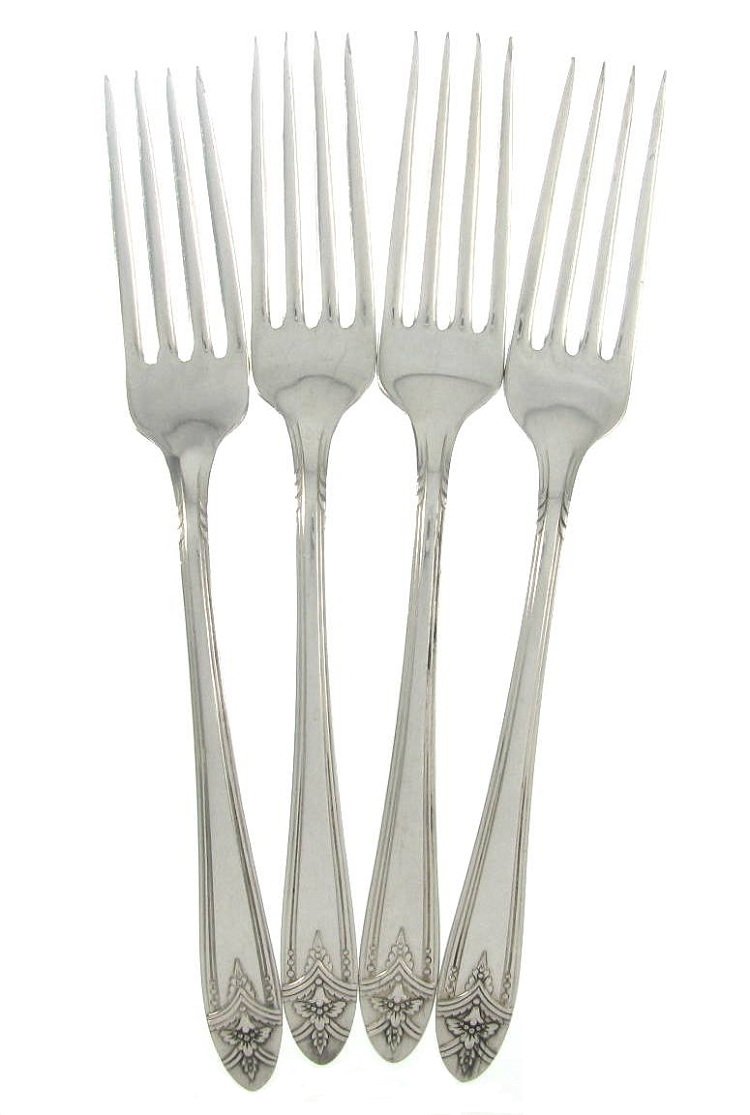 1945 La Ronnie Silverplate Dinner Forks Set 4 Wm Rogers Oneida Ornate Flower Atomic Flatware