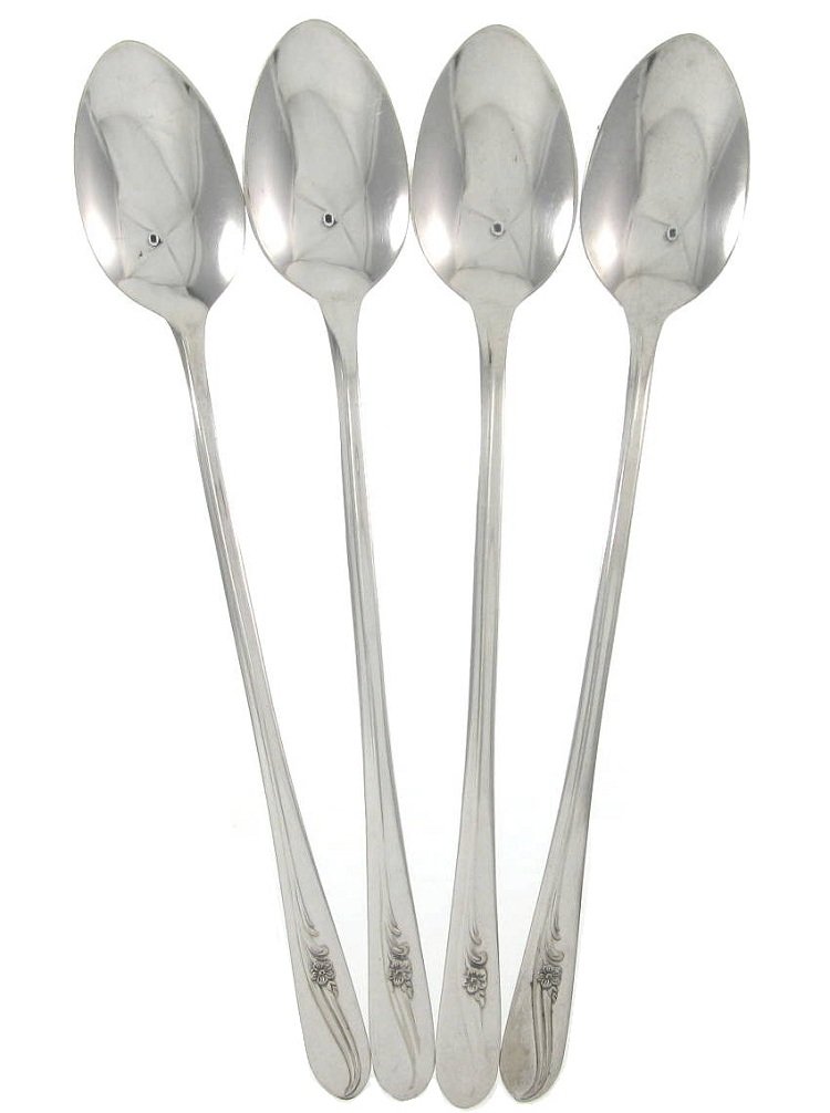 Silverplated Ice Tea Spoons Vintage 1940 Set 4 Meadow Flower H T Mfg IS Daisy Atomic Flatware