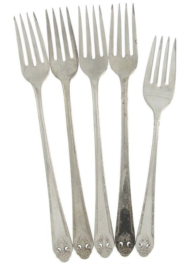 Holmes Edwars Lovely Lady Grille Salad Forks Set 5 Silverplate Vintage 1937 Atomic Flatware