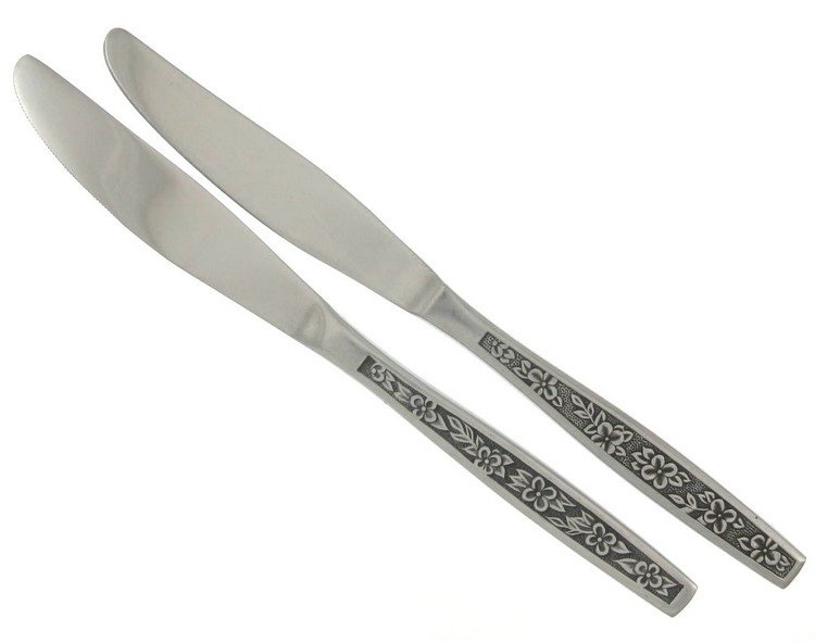Vintage Stainless Steel Dinner Knives La Spana Stanley Roberts Retro Mod Flower Black Accent Set 2