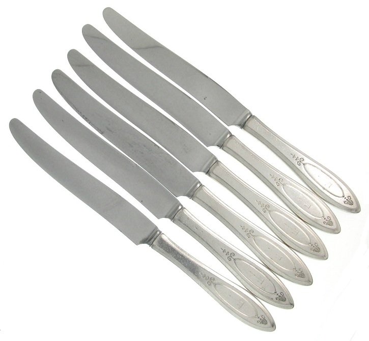 Monogrammed Dinner Knives T Silverplate Oneida Adam 1917 Vintage Flatware Ornate Elegant Set 6