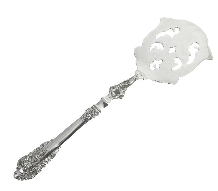 Ornate Silverplate Pastry Dessert Server Meat Pierced Spatula Large Brass Vintage India