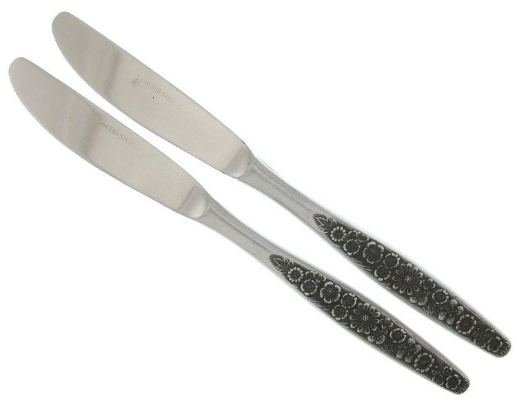 Vintage Stainless Steel Dinner Knife Set 2 Japan Jardinera Interpur Retro Daisy Flower Flatware
