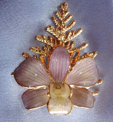 Lacquered and 24 karat gold-plated Real Orchid brooch