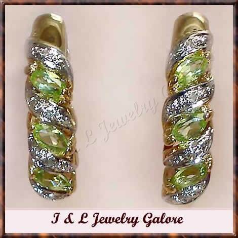 0.95ctw genuine PERIDOT & DIAMOND J-hoop gold earrings