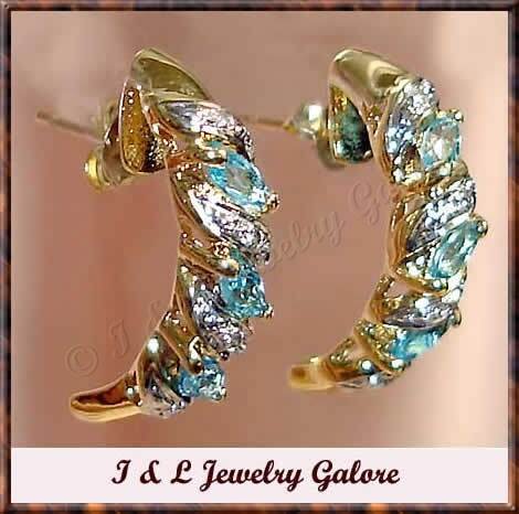 GENUINE Blue TOPAZ & DIAMOND J-hoop gold earrings