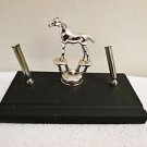 Slate Desk Accessory Double Pen Holder Silver Horse on Horseshoes in Center