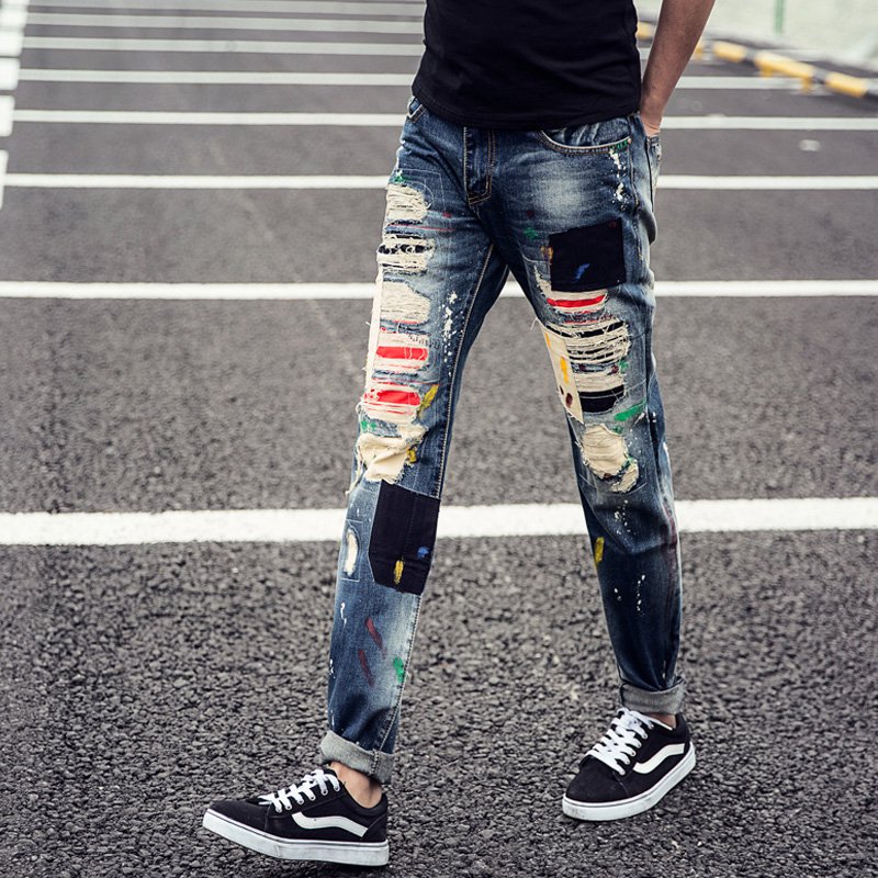 Men skinny Jeans ripped Denim Sport Slim Fit Causal Men's Jeans distressed jeans destroyed jeans